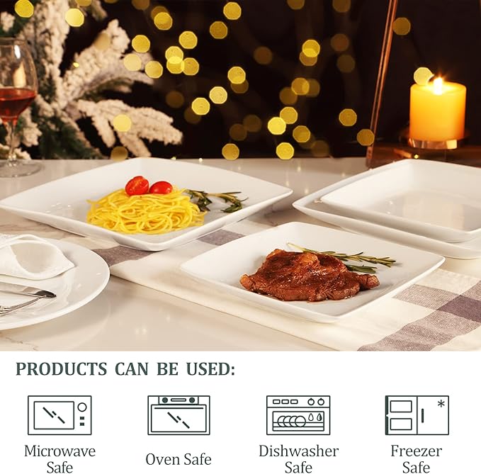 Yedio Porcelain Square Dessert Plates, 8.4 Inch Square Serving Plate for Steak, Pasta, Salad, Snacks, Dessert, Appetizer Plates, Set of 6, White