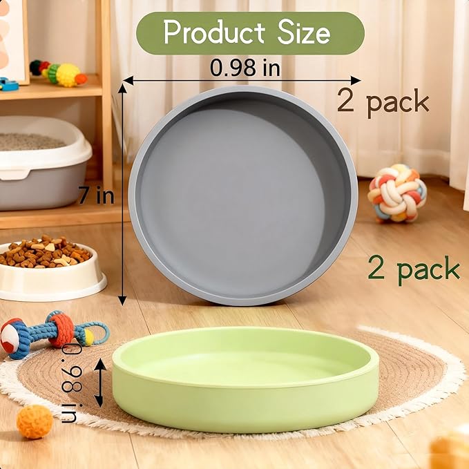 2 Pcs Silicone Cat Bowls Non-Slip Cat Dish for Dry & Wet Food Shallow Relief Whisker Fatigue Pet Bowl Set for Cats Small Dogs, Green with Grey