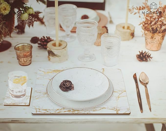Set of 4 Heat Resistant Cork Placemats for Dining Table with Free Set of 4 Matching Drink Coasters Marble Design 16 x 12 Inches Cork Backed Hard Placemats (Foiled Gold)