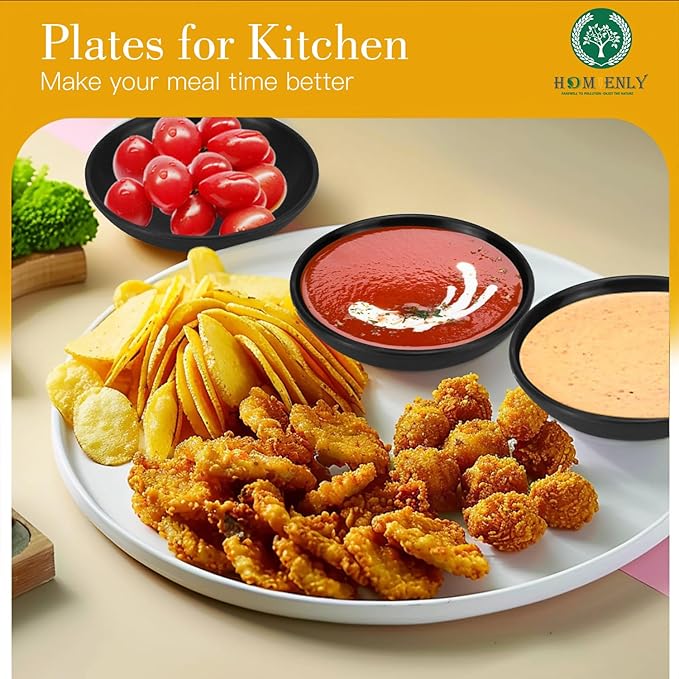 Plastic Dipping Plate Set of 8 - 4 inch Wheat Straw Plates,Soy Sauce Dish,Dipping Bowls,Small Serving Bowls for Side Dishes, Mini Appetizer Plates for Side Dishes,Condiment,BBQ and Party Dinner-Black