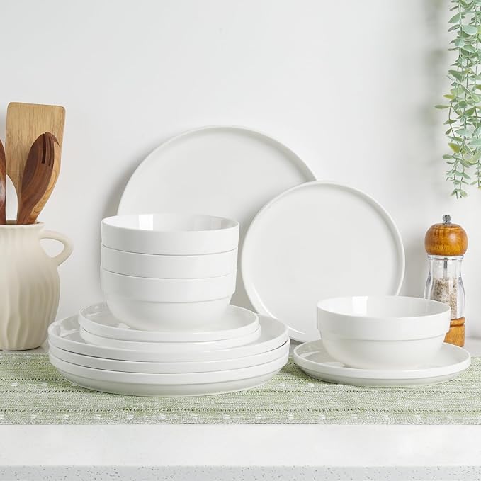 HAPPY KIT 12 Pieces Porcelain Dinnerware Set, Serving Plates and Bowls Set for 4, Chip and Scratch Resistant White Kitchen Dishware Sets, Thick-edge Non-slip Design