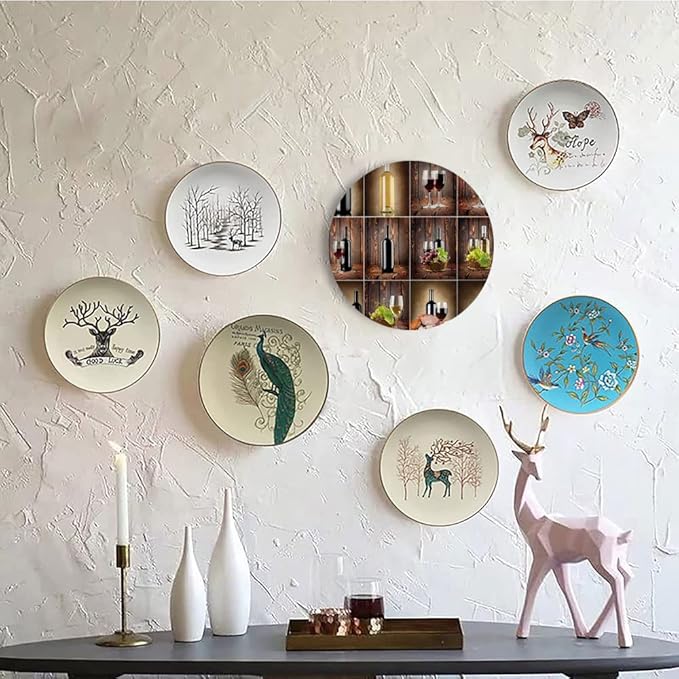 Ceramic Display Plate, Wine Ceramic Hanging Decorative Plate, Wine Themed Collage on Wooden Backdrop with Grapes and, 7 Inch, Household Custom Ceramic Plate, Brown Black Red