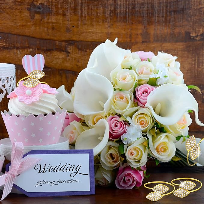 Hotop 300 Pcs Valentine's Day Napkin Rings Gold Table Decorations, Elegant Bling Leaves Napkin Rings, Rhinestone Guest Towels Buckle for Holiday Gather Party, Wedding Dinner Banquet Table Decoration