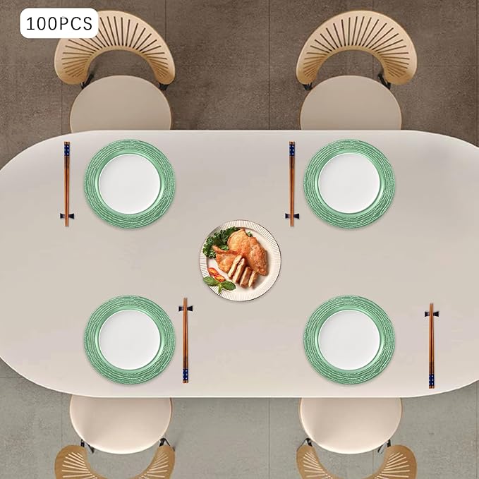 100 PCS Antique Charger Plates Bulk, 13 Inch Round Textured Edge Plastic Dinner Chargers, Bulk Plastic Charger Plates Set for Wedding, Party, Table Decor (Green)