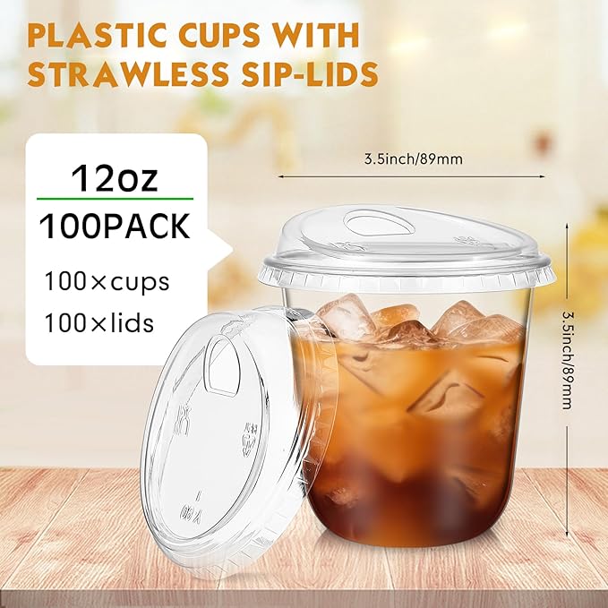 Baderke 100 Pcs Plastic Cups with Sip Lids Round Bottom Disposable Plastic Coffee Cups with Lids Clear Strawless Crystal Mugs for Iced Coffee Smoothie Cold Beverage Party Catering Supplies (12 oz)