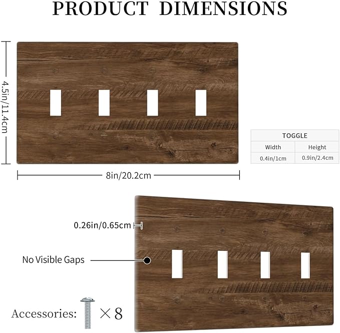 Light Switch Cover Brown Rustic Wood Grain Farmhouse 4 Gang Switch Plate Quad Toggle Wall Plates Decorative Switchplate Electrical Outlet Cover for Cabin Bedroom Decor