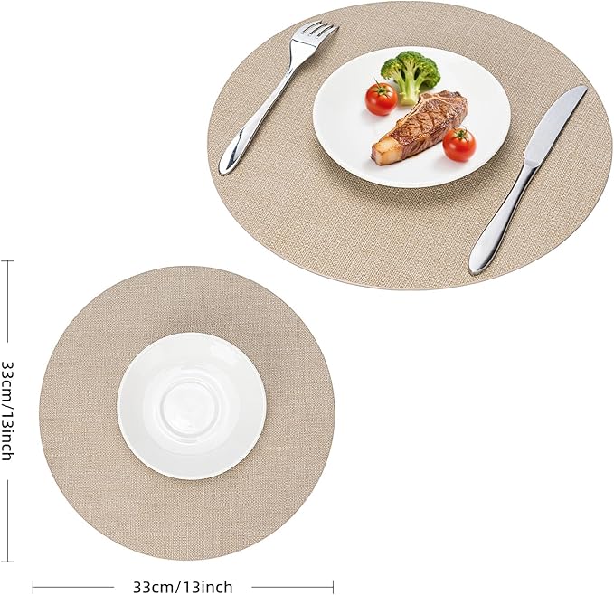 Round Wipeable Placemats Set of 2 – Faux Leather Round Table Mats, Waterproof & Washable Vinyl Placemats, Circle Design for Dining Table Decor– Taupe