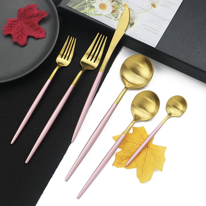 JASHII Luxury 18/10 Pink Handle Flatware Gold Silverware Set 304 Stainless Steel Flatware Cutlery Set| 24-Piece Adaline Royal Modern Satin Finish| BEST Birthday Wedding Gift (Pink Handle Matte Gold)