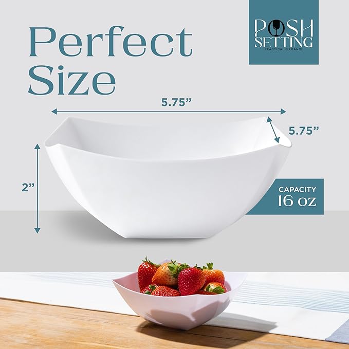 Posh Setting - White Plastic Square Serving Bowls for Party (16oz - 4 Pack), Disposable & Candy Containers for Party Table & Buffet
