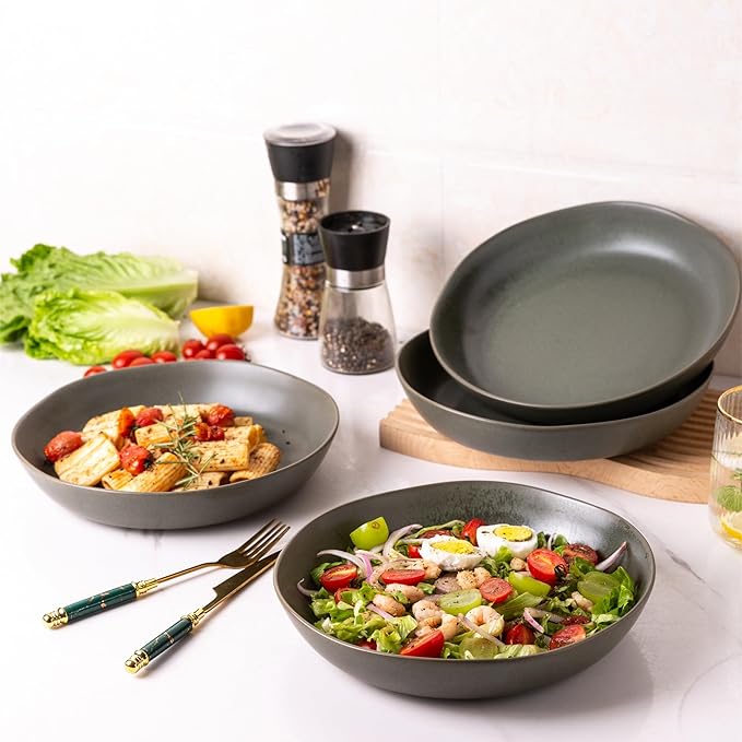 AmorArc 9.75'' Large Ceramic Pasta Bowls, 38oz Stoneware Serving Bowls Set of 6 for Kitchen, Oven, Microwave&Dishwasher Safe Bowls with Wavy Rim for Fruit Pasta Salad Meal, Reactive Glaze