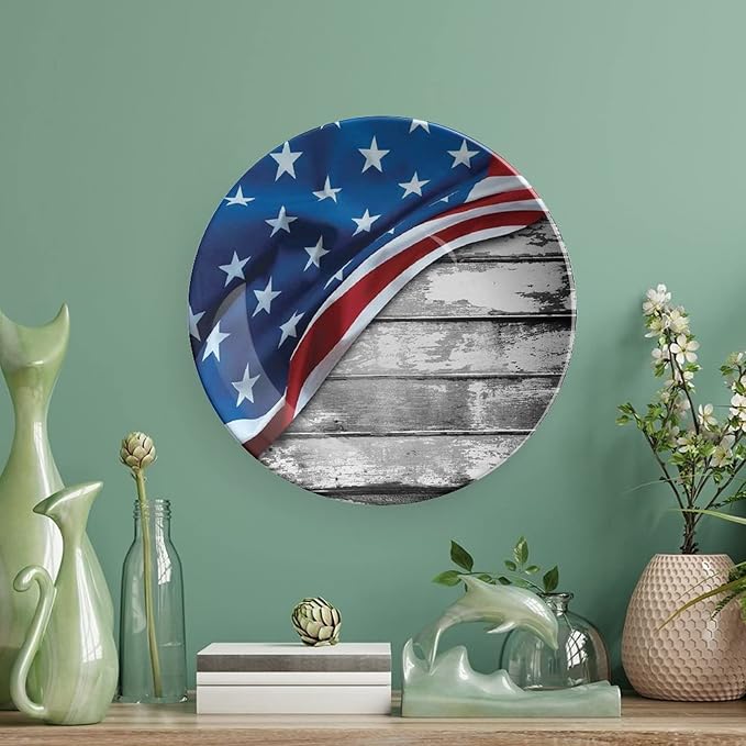 Ceramic Display Plate, American Flag Decor Ceramic Hanging Decorative Plate, Flag Over Antique Rustic Rippled Board, 10 Inch, Living Room Kitchen Decoration Household, Grey Navy