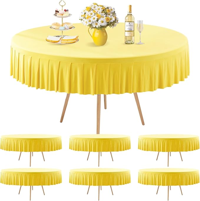 6 Pack Yellow Spandex Round Tablecloths for 72in Table, Stretchy Fitted 6FT Round Table Cloths, Wrinkle Free Table Cover with Skirt for Wedding Birthday Party Bridal Shower Banquet