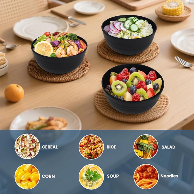 Ramen Bowl 26oz, Unbreakable Wheat Straw Bowls Sets of 6, Plastic Bowl Reusable, Microwave & Dishwasher Safe Cereal Bowls for Kitchen, Dorm, Office- Black