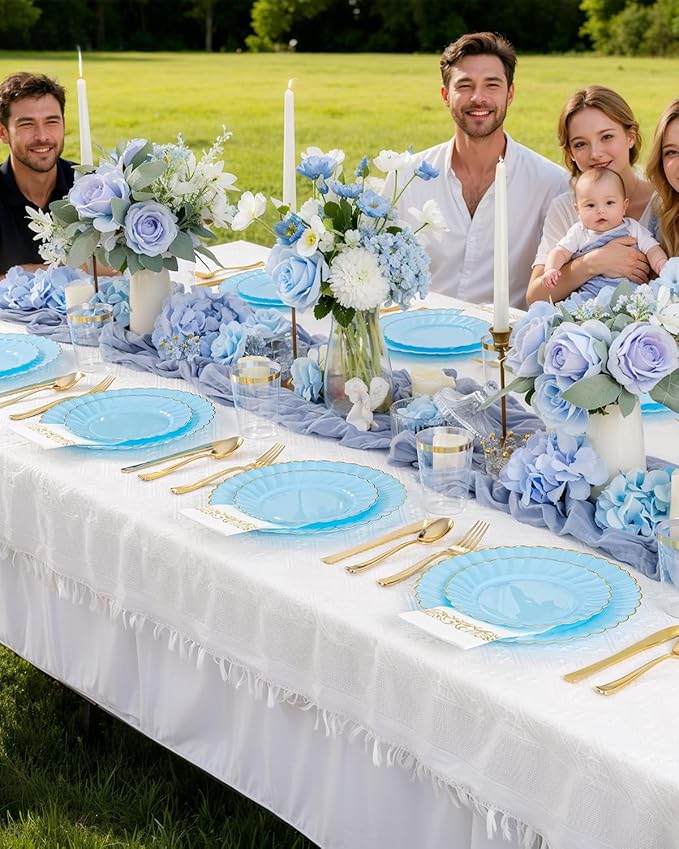 YOUBET 175PCS Blue Scalloped Plastic Plates - Light Blue Disposable Dinnerware Set Include 50 Plates, 75 Gold Silverware, 25 Cups, 25 Napkins for Party & Wedding & Baby Shower