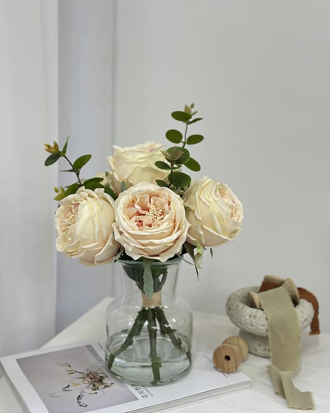 Lifelike Artificial Champagne Roses in Vase - Eternal Table Centerpiece for Dining Room & Kitchen Decor - Faux Flower Arrangement with Realistic Petals