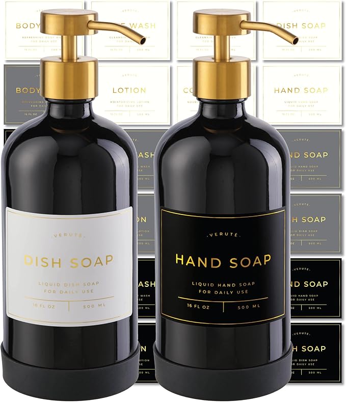 Hand and Dish Soap Dispenser for Kitchen and Bathroom, Set of 2 16 Oz Glass Bottles, Stainless Steel Pumps, Non-Slip Silicone Base, 27 Waterproof Labels (Gloss Black Bottle/Brushed Gold Pump)