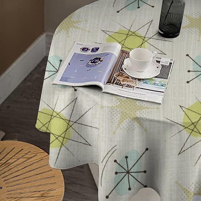 Mid Century Retro Round Tablecloth, Modern 1950s Style Abstract Geometric Vintage Print Tablecloth for Home Party Dining Room Kitchen Decor 70Inch(178cm)