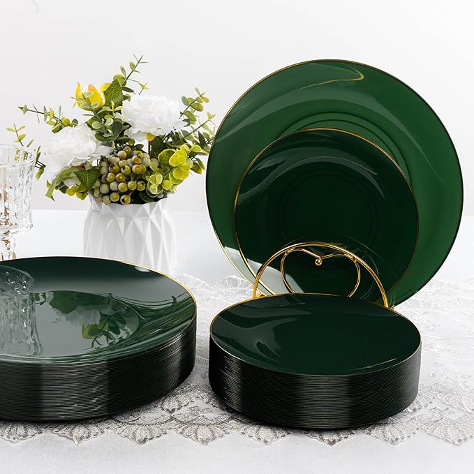 100 PCS Green Gold Plastic Plates, 10 inch Green Disposable Plates for Party, Plastic Dinner Plates for Party, Graduation, Birthday, Wedding