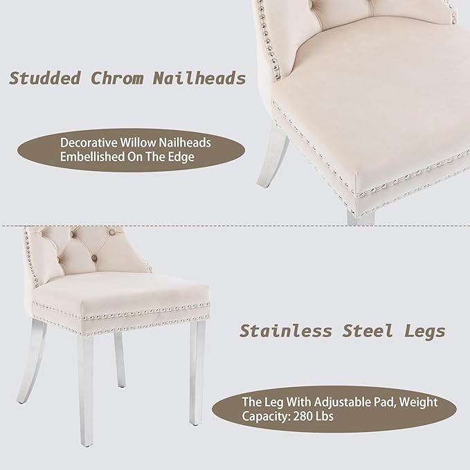KCC Velvet Dining Chairs Set of 4, Upholstered High-end Tufted Dining Room Chair with Nailhead Back Ring Pull Trim Stainless Steel Legs, Contemporary Nikki Collection Modern Style for Kitchen, Beige