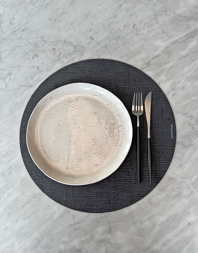 modern-twist 15" Round Silicone Placemat, BPA, PVC-Free Table Mat, Dishwasher Safe, Linen Print in Black, Pack of 1
