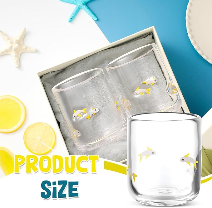 Icon Juice Glasses, 14oz Stemless Wine Drinking Juice Glass Cup for Valentine Party Supplies Gift(2 Pcs,Gray Fish)