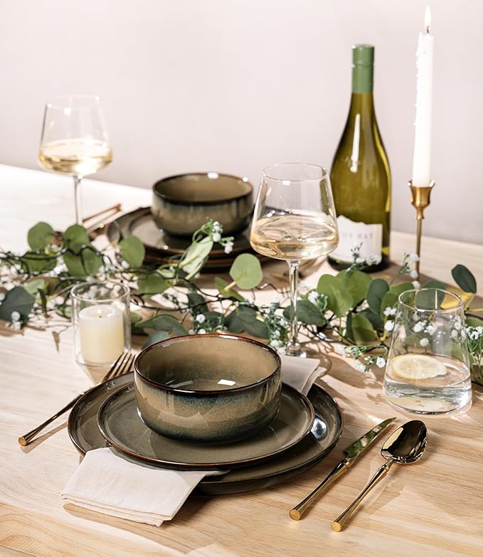 TheTerra Ceramic Dinnerware Sets for 8, 24 Pieces Handmade Reactive Glaze Plates and Bowls Set, Scratch Resistant Dish Set, Oven & Microwave & Dishwasher Safe, Coca Mocha