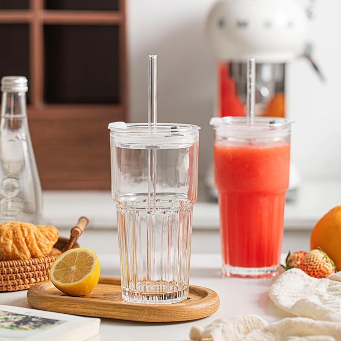 INSETLAN 20 oz Clear Glass Tumbler Set with Lids and Straws – 4-Pack Iced Coffee Cups with Glass Straws & Brushes, Reusable Drinking Glasses for Smoothies, Tea, Juice, Beer, Cold Beverages