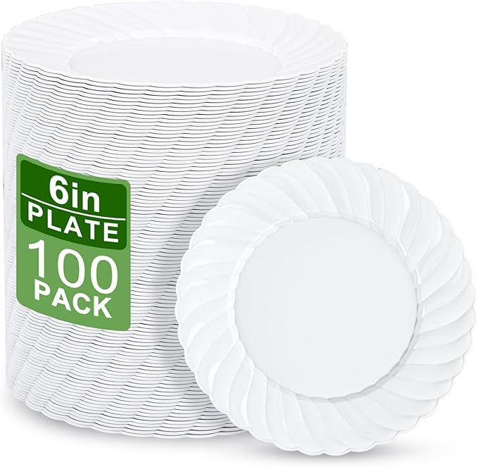 U-QE 100 Pieces White Plastic Plates - 6 Inch White Disposable Plates - Washable & Reusable - Premium Hard Dessert Plates - Party Supplies for Birthdays, Celebrations, Travel, Wedding,Party and Events