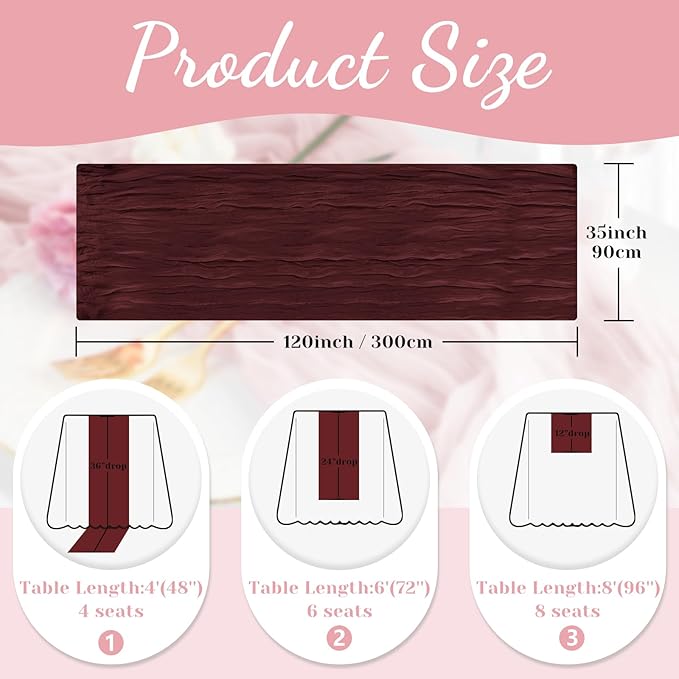 Burgundy Table Runner, 10 Ft 120 in Cheesecloth Table Runner, Rustic Fall Table Runners for Wedding, Party, Bridal Shower, Boho Table Runners for Christmas Thanksgiving Halloween