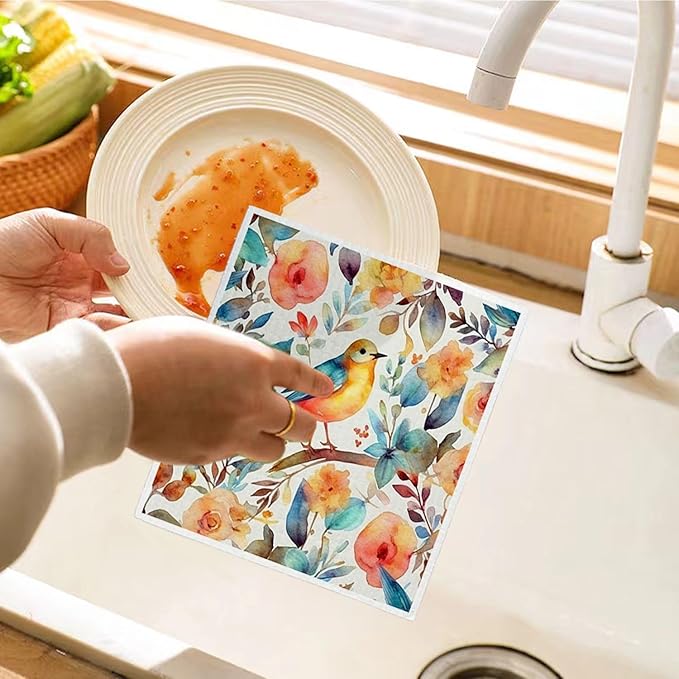 Vintage Bird Flowers Swedish Dishcloths for Kitchen, Papaya Reusable Paper Towels, 4 Pack Watercolor Dish Towels for Kitchen, Swedish Dish Cloths, Reusable Paper Towels Washable