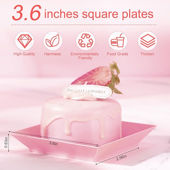 Zhehao 100 Pcs Plastic Dessert Appetizer Plates Disposable, 3.6 x 3.6 Inch Small Square Plastic Dessert Cake Plate for Party, Valentine's Day Wedding Birthday Bridal Baby Shower Supplies (Pink)