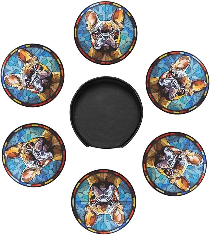 Drink Coaster Set of 6, French Bulldog Dog Mom Lover Gift,Leather Drink Coasters with Holder,6 Pack Cup/Bar/Drink Coasters for Table/Drinks/Coffee Protection Housewarming Gift