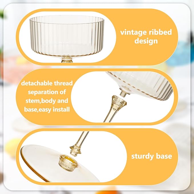 6 Pcs Ribbed Martini Glasses 10 oz Disposable Plastic Vintage Ribbed Coupe Glasses Unbreakable Dessert Parfait Glassware for Wedding Birthday Party Supplies (Gold)