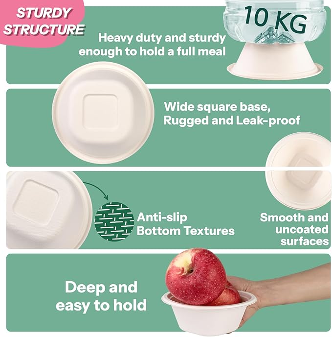 Homestockplus 16 Oz Small Paper Bowls Disposable Bowl - Sugarcane Fiber, Microwave & Freezer Safe, BPA-Free Eco-Friendly Compostable Bowls for Ice Cream, Kids Snacks, Cafe Desserts[100 Pack] (White)