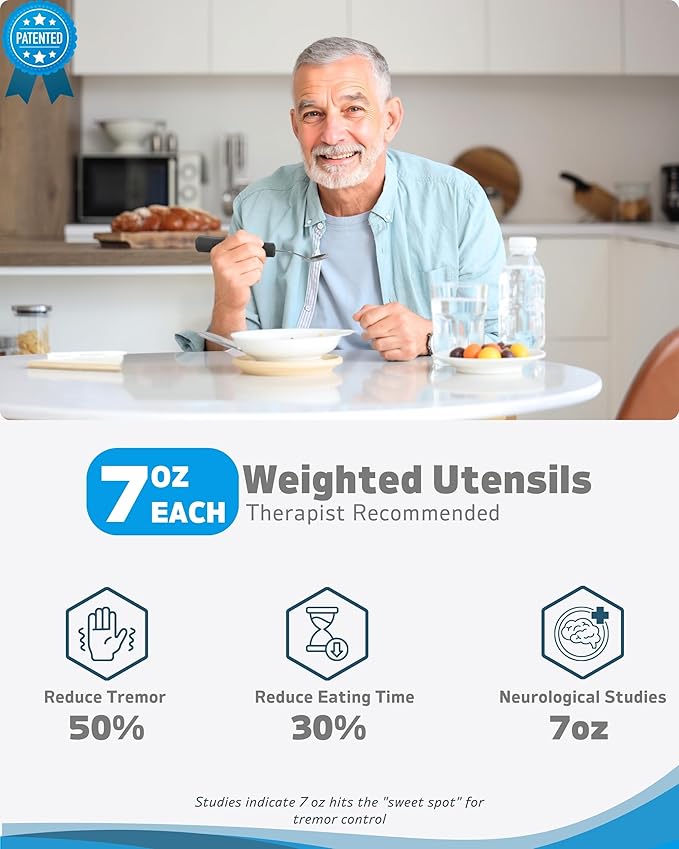 Adaptive Utensils (4-Piece Set) Weighted 7 oz - 42° Angled Utensils for Parkinson's Patients, Hand Tremors, Arthritis & Elderly - Eating Utensils for Elderly (Black: Left Handed)
