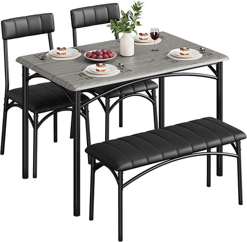 4-Piece Small Dining Table Set – Wood Table with 2 Upholstered Chairs & Bench, Space-Saving Retro Kitchen Dining Set for Small Apartment/Dining Room, Black