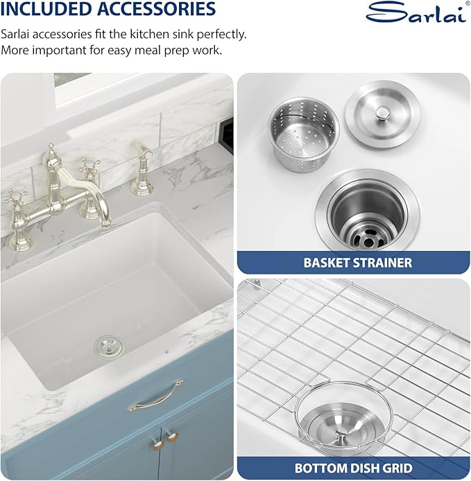 Sarlai 27 Inch White Undermount Sink Fireclay 27x19 Inch White Kitchen Sink Dual Drop in & Undermount Kitchen Sinks Single Bowl Deep Porcelain Ceramic Basin