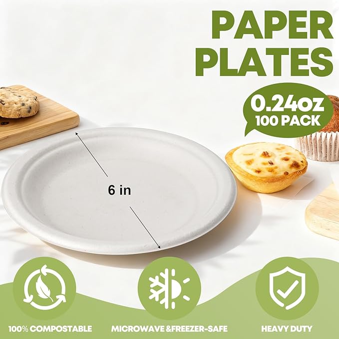 W&Y 100 Pack 6 Inch Disposable Small Paper Plates,Heavy Duty Dessert Plates - Compostable, Microwave-Safe, Leak-Proof, Ideal for Parties, Picnics & Daily Use