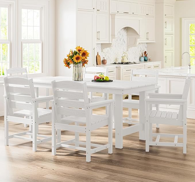 SERWALL Dining Table Chairs Set for 6，67" Extended Large Dining Table with 6 Chairs, 7 Piece HDPE Dining Set for Home, Kitchen, Dining Room, White