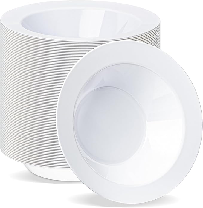 BESTVIP 100 Pack 12 oz White Plastic Bowls, Disposable Soup Bowls, Heavy-duty Dessert Salad Bowl for Christmas, Party, Wedding, Dinner, Catering