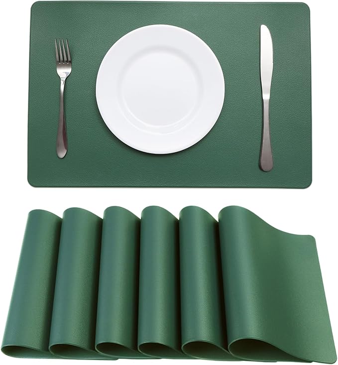 Faux Leather Placemats HeloHo Green Table Place Mats Set of 6 Waterproof Oilproof Heat Stain Resistant Placemats Washable Wipeable Placemat for Kitchen Dining Table Decoration Indoor Outdoor