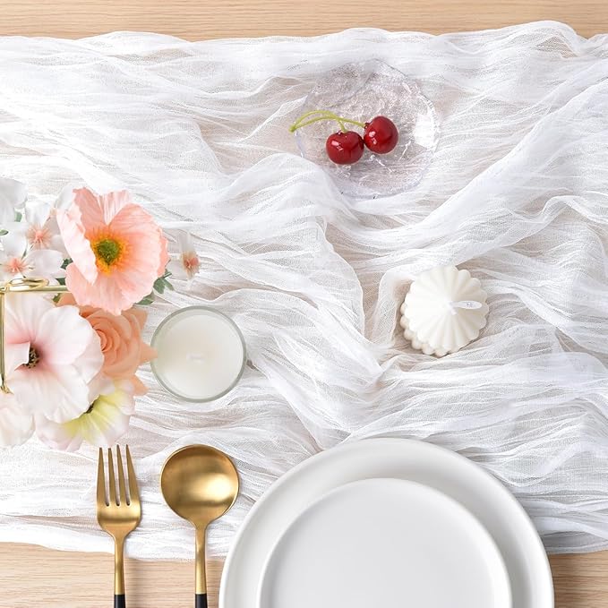 Joanlody Ivory Cheesecloth Table Runner Spring Easter 10Ft Rustic Gauze Boho Cheese Cloth Table Runner for Wedding Bridal Baby Shower Decoration 4 Pack