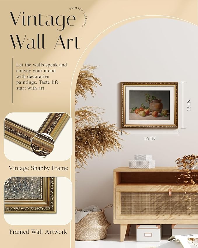 InSimSea Gold Framed Wall Art, Vintage Apple Jar Kitchen Wall Shelf Decor, Still Life Canvas Print Art, Dining Room Home Farmhouse Decor, Antique Paintings with Picture Frame 13x16inch