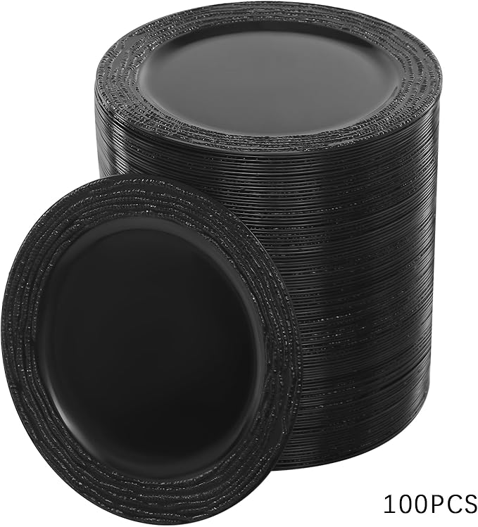 100 PCS Antique Charger Plates Bulk, 13 Inch Round Textured Edge Plastic Dinner Chargers, Bulk Plastic Charger Plates Set for Wedding, Party, Table Decor (Black)