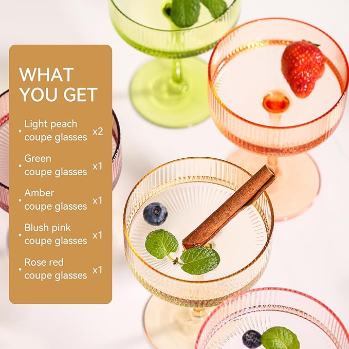 9 oz Colored Coupe Glasses Set of 6 Ribbed Colorful martini Glasses for espresso dessert
