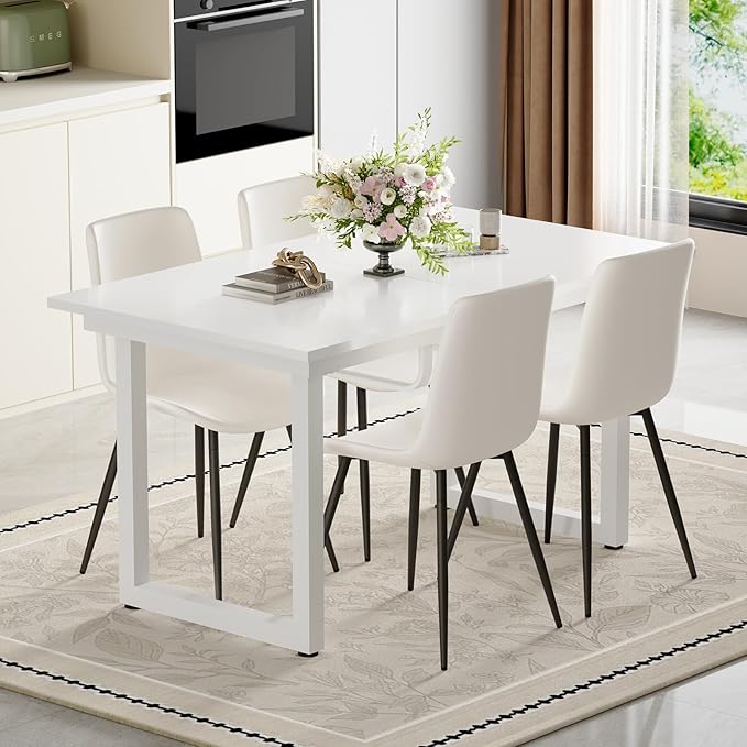 Extendable Dining Table Set for 4, 55"–71" Modern White Kitchen Table with 4 Upholstered Chairs, Space-Saving for Living Room Apartment, Sturdy & Comfortable, Easy Assembly