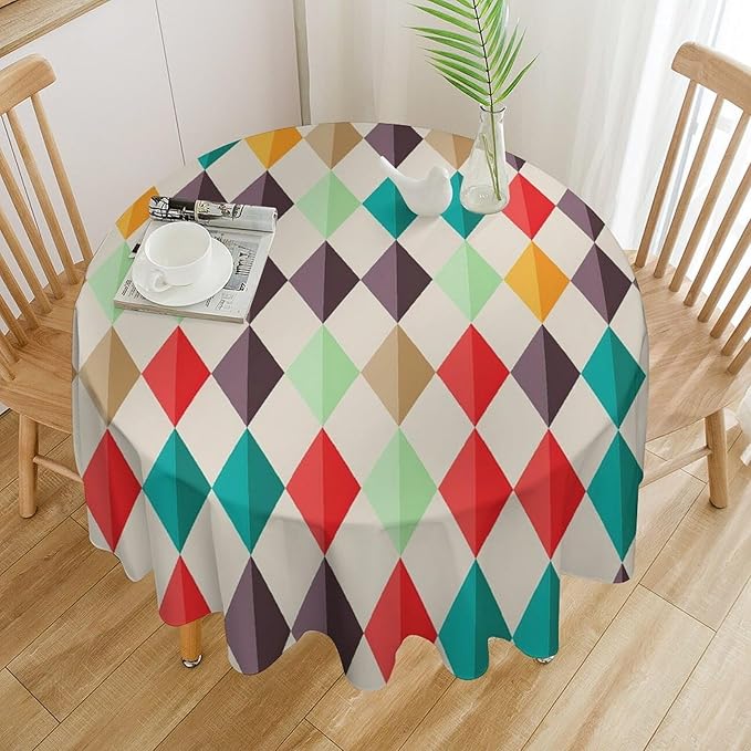 Abstract Geometric Round Tablecloth, Modern Mid Century Background Mid Century Colorful Print Pattern Tablecloth for Home Party Dining Room Kitchen Decor 50Inch(127cm)