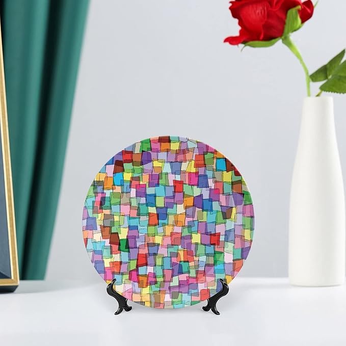 Ceramic Display Plate, Abstract Ceramic Hanging Decorative Plate, Mosaic Tile Pattern Colorful Squares Cubes, 10 Inch, Living Room Kitchen Decoration Household, Multicolor