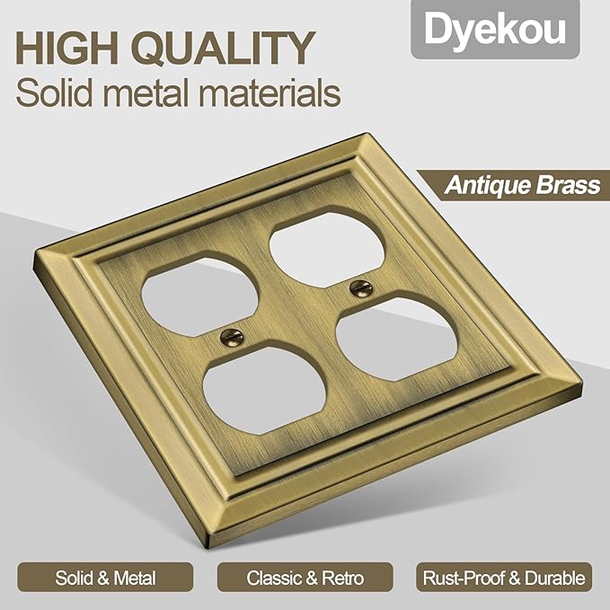 Metal Wall Plate for Electrical Outlets, Decorative Antique Brass Switch Plates Outlet Cover, Light Switch Cover Plate, 2-Gang Wall Plates (Double Duplex Outlet, 2 Pack)