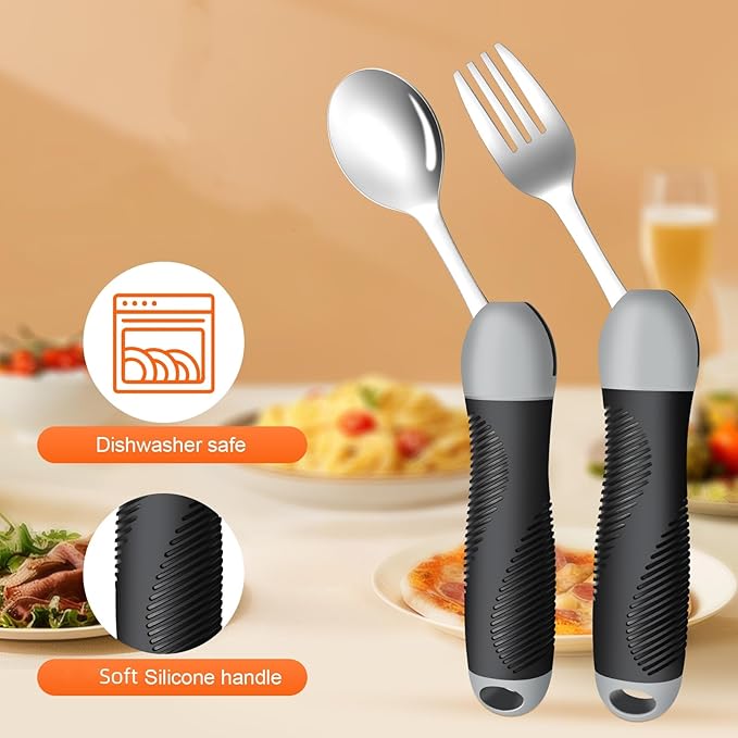 Weighted & Swivel Adaptive Utensils for Hand Tremors,Parkinson‘s - Comfort Grip Silverware Set, Eating Aids for Arthritis, Elderly & Weak Hands (Spoon & Fork)